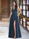 Norma A-Line V-neck Floor-Length Satin Prom Dresses With Sequins UKP0017364