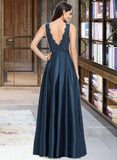 Norma A-Line V-neck Floor-Length Satin Prom Dresses With Sequins UKP0017364