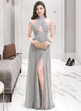 Beatrice A-Line Halter Floor-Length Chiffon Prom Dresses With Pleated UKP0017365