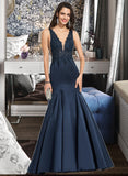 Estrella Trumpet/Mermaid V-neck Sweep Train Satin Lace Prom Dresses With Beading UKP0017367