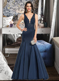 Estrella Trumpet/Mermaid V-neck Sweep Train Satin Lace Prom Dresses With Beading UKP0017367