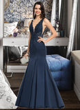 Estrella Trumpet/Mermaid V-neck Sweep Train Satin Lace Prom Dresses With Beading UKP0017367