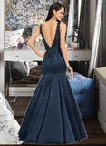 Estrella Trumpet/Mermaid V-neck Sweep Train Satin Lace Prom Dresses With Beading UKP0017367