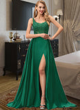 Ellen A-Line Square Sweep Train Satin Prom Dresses With Sequins UKP0017377