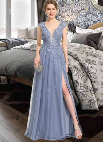 Liberty A-Line V-neck Floor-Length Tulle Lace Prom Dresses With Sequins UKP0017378