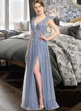 Liberty A-Line V-neck Floor-Length Tulle Lace Prom Dresses With Sequins UKP0017378