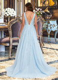 Meadow Ball-Gown/Princess V-neck Sweep Train Tulle Lace Prom Dresses With Beading UKP0017379