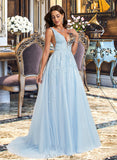 Meadow Ball-Gown/Princess V-neck Sweep Train Tulle Lace Prom Dresses With Beading UKP0017379