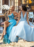 Meadow Ball-Gown/Princess V-neck Sweep Train Tulle Lace Prom Dresses With Beading UKP0017379