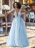 Meadow Ball-Gown/Princess V-neck Sweep Train Tulle Lace Prom Dresses With Beading UKP0017379