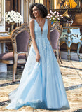 Meadow Ball-Gown/Princess V-neck Sweep Train Tulle Lace Prom Dresses With Beading UKP0017379