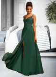 Ellie A-Line V-neck Floor-Length Chiffon Lace Prom Dresses With Beading Sequins UKP0017381