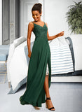 Ellie A-Line V-neck Floor-Length Chiffon Lace Prom Dresses With Beading Sequins UKP0017381