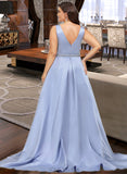 Jode Ball-Gown/Princess V-neck Sweep Train Satin Lace Prom Dresses With Beading Sequins UKP0017382