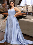 Jode Ball-Gown/Princess V-neck Sweep Train Satin Lace Prom Dresses With Beading Sequins UKP0017382