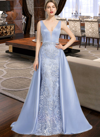 Jode Ball-Gown/Princess V-neck Sweep Train Satin Lace Prom Dresses With Beading Sequins UKP0017382