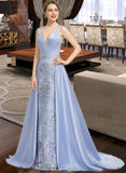 Jode Ball-Gown/Princess V-neck Sweep Train Satin Lace Prom Dresses With Beading Sequins UKP0017382