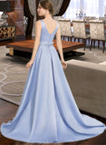 Jode Ball-Gown/Princess V-neck Sweep Train Satin Lace Prom Dresses With Beading Sequins UKP0017382