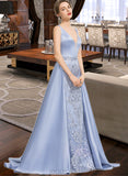 Jode Ball-Gown/Princess V-neck Sweep Train Satin Lace Prom Dresses With Beading Sequins UKP0017382