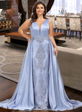 Jode Ball-Gown/Princess V-neck Sweep Train Satin Lace Prom Dresses With Beading Sequins UKP0017382