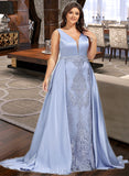 Jode Ball-Gown/Princess V-neck Sweep Train Satin Lace Prom Dresses With Beading Sequins UKP0017382