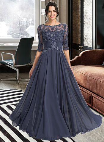 Corinne A-Line Scoop Floor-Length Chiffon Lace Prom Dresses With Sequins UKP0017389