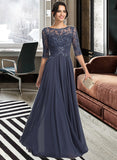 Corinne A-Line Scoop Floor-Length Chiffon Lace Prom Dresses With Sequins UKP0017389