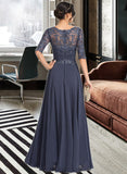 Corinne A-Line Scoop Floor-Length Chiffon Lace Prom Dresses With Sequins UKP0017389