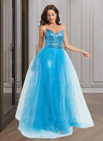 Marely Ball-Gown/Princess V-neck Floor-Length Tulle Sequined Prom Dresses With Sequins UKP0017395