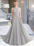 Johanna A-line Scoop Floor-Length Chiffon Lace Prom Dresses With Pleated UKP0017397