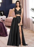 Lorena A-Line V-neck Floor-Length Satin Lace Prom Dresses UKP0017398