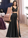 Lorena A-Line V-neck Floor-Length Satin Lace Prom Dresses UKP0017398