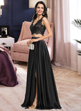 Lorena A-Line V-neck Floor-Length Satin Lace Prom Dresses UKP0017398