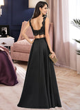 Lorena A-Line V-neck Floor-Length Satin Lace Prom Dresses UKP0017398