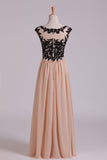 Two-Tone Prom Dresses Scoop A-Line Chiffon With Black Applique New