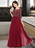 Kaitlyn A-Line Scoop Floor-Length Chiffon Prom Dresses With Beading Sequins UKP0017405