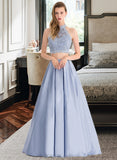 Madyson Ball-Gown/Princess Scoop Floor-Length Satin Lace Prom Dresses With Beading Sequins UKP0017406