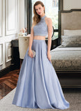 Madyson Ball-Gown/Princess Scoop Floor-Length Satin Lace Prom Dresses With Beading Sequins UKP0017406