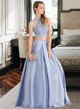 Madyson Ball-Gown/Princess Scoop Floor-Length Satin Lace Prom Dresses With Beading Sequins UKP0017406