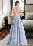 Madyson Ball-Gown/Princess Scoop Floor-Length Satin Lace Prom Dresses With Beading Sequins UKP0017406