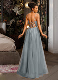 Erika Ball-Gown/Princess Square Floor-Length Tulle Prom Dresses With Beading Sequins UKP0017407