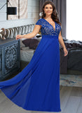 Dayanara A-Line V-neck Floor-Length Chiffon Lace Prom Dresses With Ruffle UKP0017411