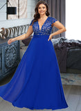 Dayanara A-Line V-neck Floor-Length Chiffon Lace Prom Dresses With Ruffle UKP0017411