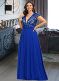 Dayanara A-Line V-neck Floor-Length Chiffon Lace Prom Dresses With Ruffle UKP0017411