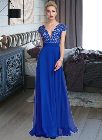 Dayanara A-Line V-neck Floor-Length Chiffon Lace Prom Dresses With Ruffle UKP0017411