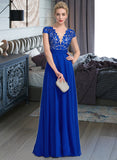 Dayanara A-Line V-neck Floor-Length Chiffon Lace Prom Dresses With Ruffle UKP0017411