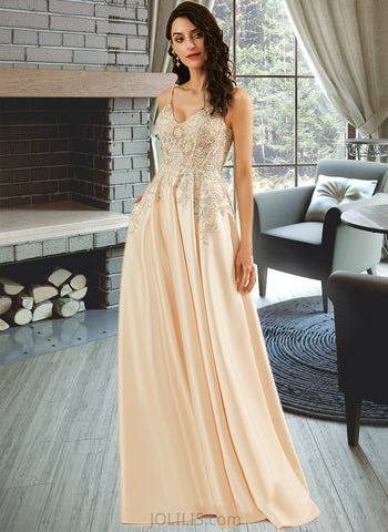 Paris A-Line V-neck Floor-Length Satin Lace Prom Dresses UKP0017412