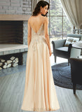 Paris A-Line V-neck Floor-Length Satin Lace Prom Dresses UKP0017412