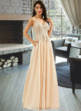 Paris A-Line V-neck Floor-Length Satin Lace Prom Dresses UKP0017412