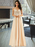 Paris A-Line V-neck Floor-Length Satin Lace Prom Dresses UKP0017412